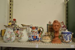 Decorative china to include Masons ironstone jug, graduated set of three Indian Tree pattern jugs,
