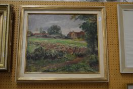 A rural landscape with farm buildings oil on board.