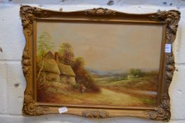 A rural landscape with a female figure by a cottage, oil on board.