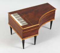 A VERY GOOD MAHOGANY PIANO MUSICAL SEWING BOX with mirror in the lid and fitted interior with