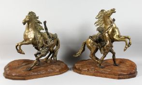 A VERY GOOD PAIR OF LARGE BRONZE MARLEY HORSES AND ATTENDANTS on carved oak bases. 15ins high, 16ins