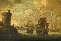 18TH CENTURY SCHOOL, POSSIBLY DUTCH. Ships approaching a fortified harbour, oil on canvas, 5.75