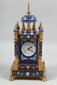 A GOOD SMALL CLOISONNE ENAMEL PILLAR CLOCK. 13ins high.