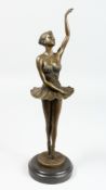 MILO A BRONZE BALLERINA on a circular marble base. Signed 14ins high.