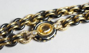 A GOOD FARRONE 18CT. GOLD, YELLOW SAPPHIRE DIAMOND AND ENAMEL HEAVY CURB LINK NECKLACE, set with