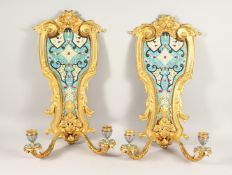 A GOOD PAIR OF ORMOLU, FIVE LIGHT, WALL LIGHT APPLIQUES with two ties of scrolling light branches