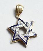 AN 18CT, GOLD, DIAMOND AND SAPPHIRE SET STAR OF DAVID PENDANT.