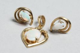 A PAIR OF GOLD AND OPAL EARRINGS AND PENDANT.