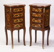 A PAIR OF FRENCH STYLE MAHOGANY AND MARQUETRY INLAID FOUR DRAWER BEDSIDE TABLES. 2ft 7ins high x 1ft