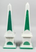 A PAIR OF GREEN MARBLE AND MALACHITE OBELISKS. 16ins high.