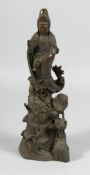 A CHINESE BRONZE TALL FIGURE OF GUANYIN on a lotus base. 14ins high.
