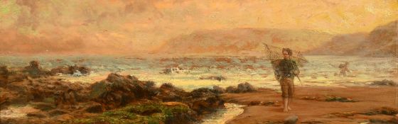 19TH CENTURY ENGLISH SCHOOL. Figures scouring a beach at dusk, oil on panel,. Indistinctly inscribed