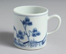 A BOW COFFEE CAN painted in blue with banana trees and a fence.