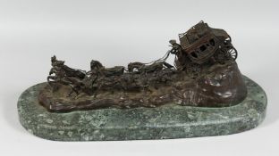 C. M. RUSSELL. A BRONZE STAGE COACH. Signed, 19ins long on a marble base.