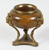 A REGENCY GILT BRONZE AND ALABASTER BOWL with ram's head support and triangular base. 6ins high.