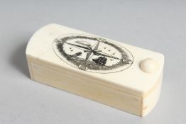 A HAND CARVED BONE BOX with secret compartments. 3ins long.