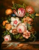 M. MILLER. (20th Century) A still life of mixed flowers in a vase on a marble ledge, oil on panel,