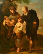 FOLLOWER OF BENJAMIN WEST. 'The Mendicants' Figures on a path with a fortified town beyond, oil on