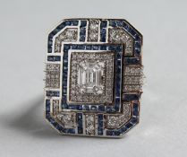 A PAIR OF 18CT WHITE GOLD, SAPPHIRE AND DIAMOND ART DECO RING.