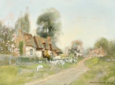 JOHN LOCHHEAD. (1866-1921) Scottish, Thatched cottages in Spring, with a shepherdess moving ewes and