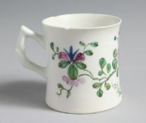A RARE BOW EARLY COFFEE CAN of waisted form and flat base with moulded handle painted in famille