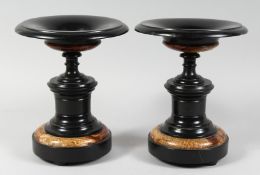 A VERY GOOD PAIR OF 19TH CENTURY BLACK MARBLE AND FLUORSPAR TAZZAS. 11ins high.