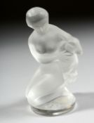 A FROSTED GLASS LALIQUE NUDE with a goat. 4.25ins