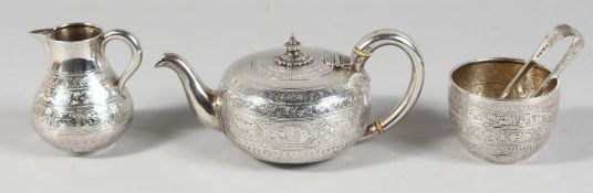 A GOOD VICTORIAN GOLDSMITH ALLIANCE BATCHELOR’S TEA SET with engraved decoration, comprising TEAPOT,