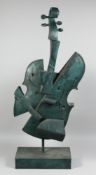 A LARGE ABSTRACT BRONZE VIOLIN. 3ft high on a rectangular base.