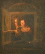 CIRCLE OF PETRUS VAN SCHENDEL. Female figures in an open window by candlelight, oil on oak panel.