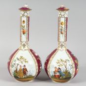A PAIR OF AUGUSTUS REX DRESDEN BOTTLE VASES AND COVERS with panels of figures and flowers Mark in