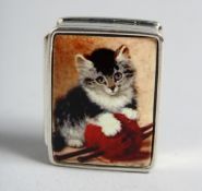 A SILVER PILL BOX the enamel top with a cat. 1.25ins