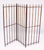 AN ARTS AND CRAFTS THREE FOLD MAHOGANY SCREEN. 4ft 10ins high.