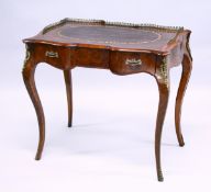 A SMALL LOUIS XVI STYLE MAHOGANY INLAID BUREAU PLAT with brass gallery and inset oval leather panel,