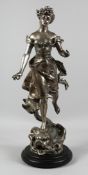 HENRY KOSSOWSKI, A WHITE METAL FIGURE OF A YOUNG GIRL standing on a dolphin. 26ins high.