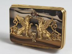 A SUPERB RUSSIAN SILVER GILT, AGATE AND DIAMOND SET BOX. The lid fitted with winged animals, crown