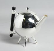 A CHRISTOPHER DRESSER DESIGN CIRCULAR, GLOBULAR, PLATED TEAPOT.