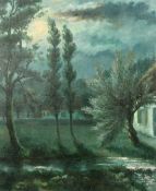 RENE TASSOUL. (b. 1887) Belgian, A moonlit scene by a stream with trees and a house beyond, oil on