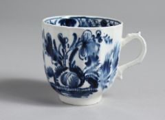 A BOW RARE FLUTED COFFEE CUP with ornate handle painted in underglaze blue with a version of the