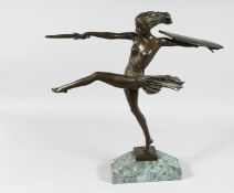 A BRONZE DECO DANCER holding a sword and a shield, on a marble base. 20ins high.