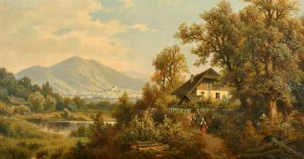 19TH CENTURY AUSTRIAN SCHOOL. Figures on a path with a view of the town of Laa an der Thaya in the