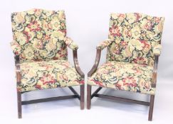 A VERY GOOD PAIR OF MAHOGANY GAINSBOROUGH ARMCHAIRS with tapestry back, arms and seats, part show