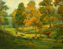 WILLIAM THORNTON BROCKLEBANK. (1882-1970), A tree lined river landscape with a shepherd and flock of