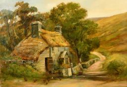 WILLIAM PITT. (19th Century) A pretty thatched country cottage with flowers, women chatting and