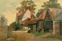 MID 20TH CENTURY. A row of farm buildings with a seated figure holding a baby, oil on canvas, 12