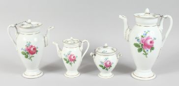 A FOUR PIECE MEISSEN PORCELAIN TEA SET, painted with roses. Cross swords mark in blue.