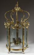A VERY GOOD BRASS AND ENGRAVED GLASS CIRCULAR HANGING LANTERN. 25ins high, 14ins diameter.