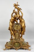 A VERY GOOD 1920'S FRENCH GILT METAL AND ONYX CLOCK with two classical female figures holding a