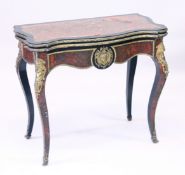 A 19TH CENTURY FRENCH BOULE FOLDING TOP CARD TABLE with green baize, bronze mesh and supported on