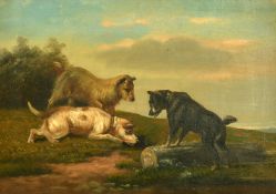 19TH CENTURY ENGLISH SCHOOL. Three dogs in an open landscape, oil on canvas, 8